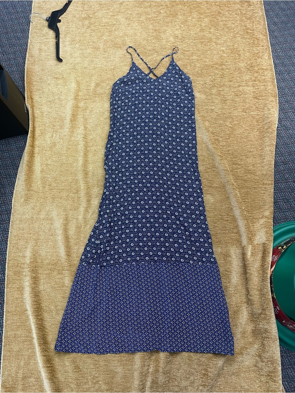 Old Navy blue & white pattern, 100% viscose, cross back, floor length dress